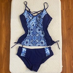 NWT Cupshe Blue & White Tankini Set, Size XL